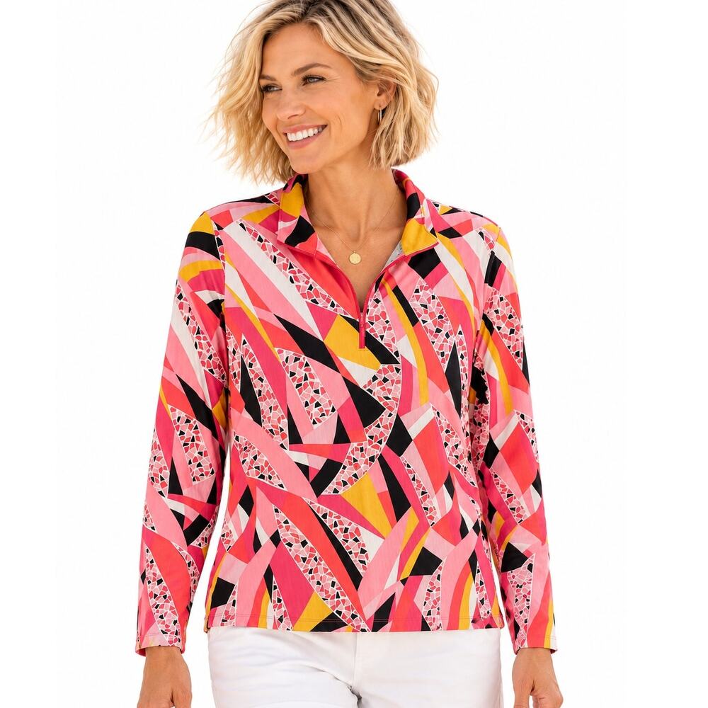 IBKul Brianna Sun Top Womens Medium Coral Yellow Colorful UPF 50 1/4 Zip UPF 50+
